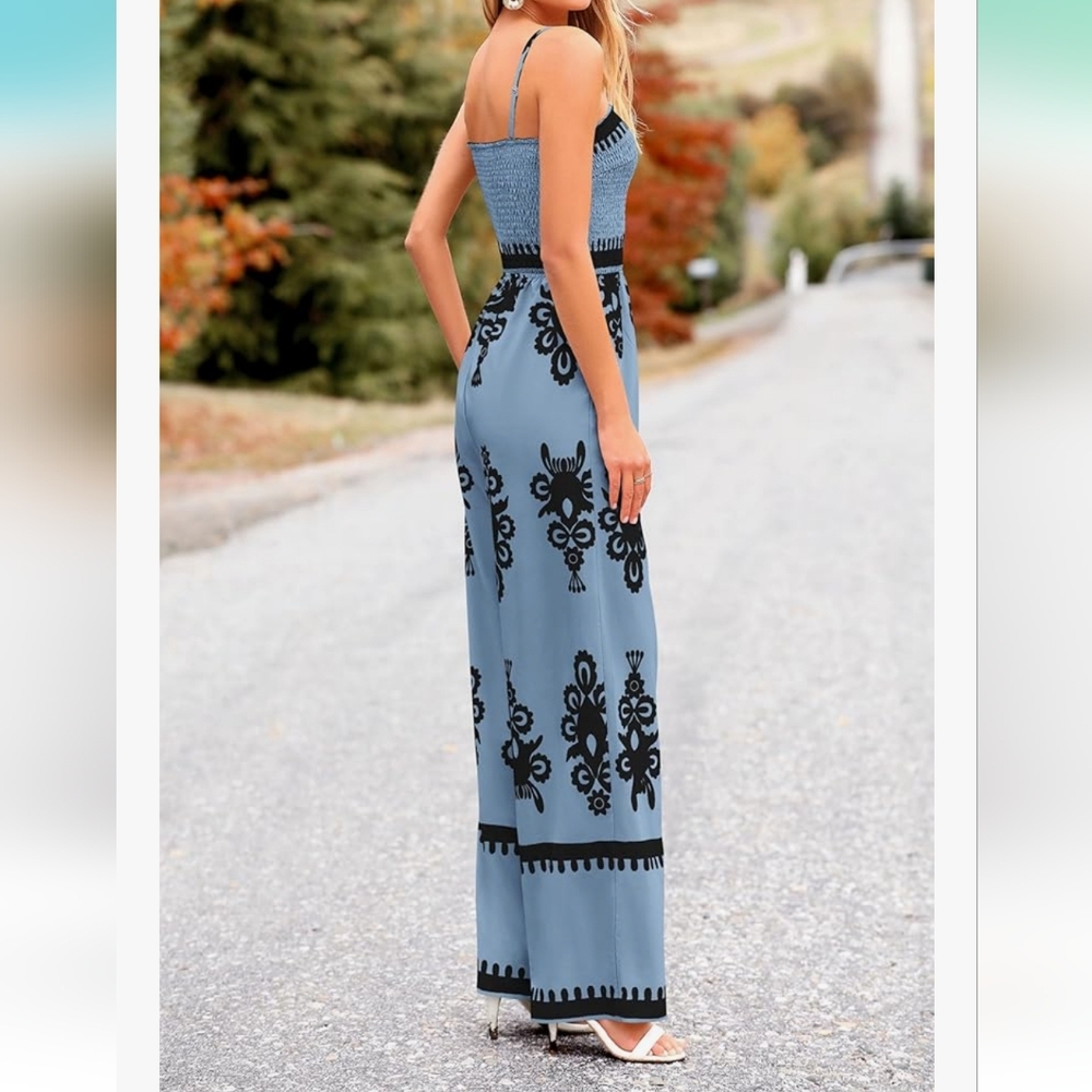Elegant Blue and Black Patterned Women's Jumpsuit - Picture 3 of 6